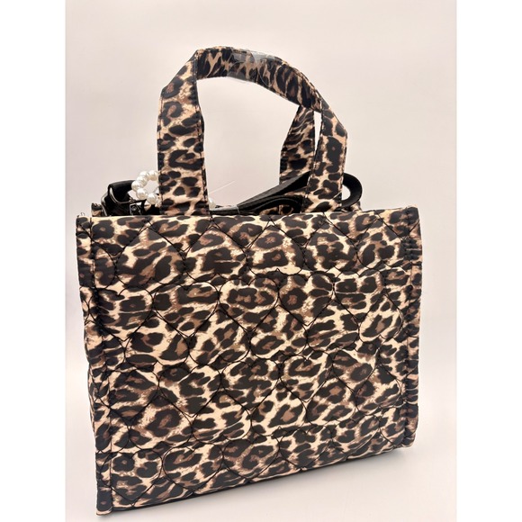 Betsey Johnson LBSIAN Quilted Leopard Print Tote Bag Red Bow Pearl Charm NEW